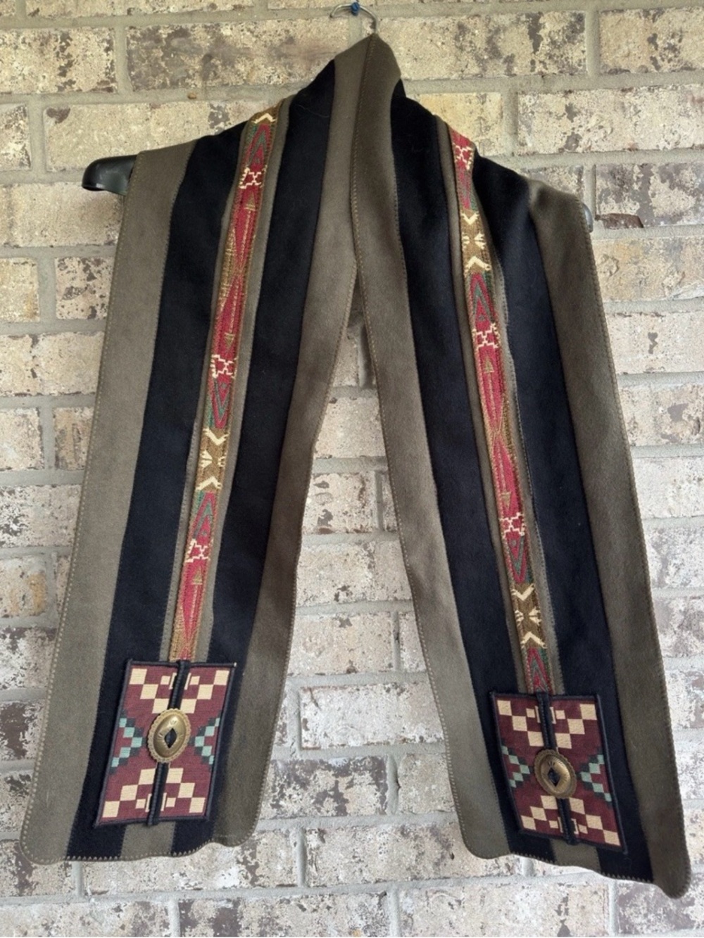 Vintage Coloratura 100% Wool Geometric Scarf in Olive, Black & Red